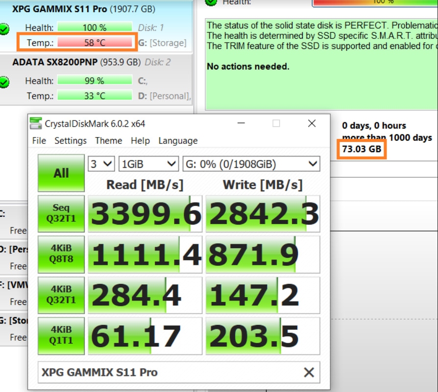 XPG GAMMIX S11 Pro benchmark and temperatures after load test