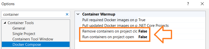 VS option - do not remove containers when project is closed